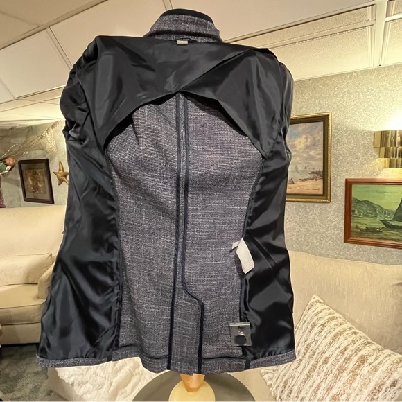 TOMMY HILFIGER Womens 10 Navy Blue Tweed Linen Look Jacket Blazer Lapel Logo Pin - Picture 13 of 16